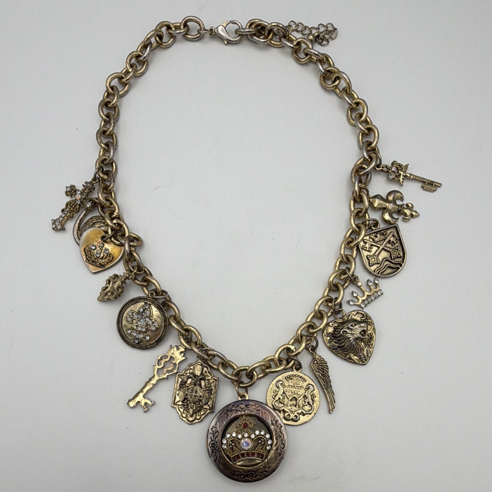 Gold Tone Cable Chain Crown Medallion Crystal Charm Necklace 20-22 inches