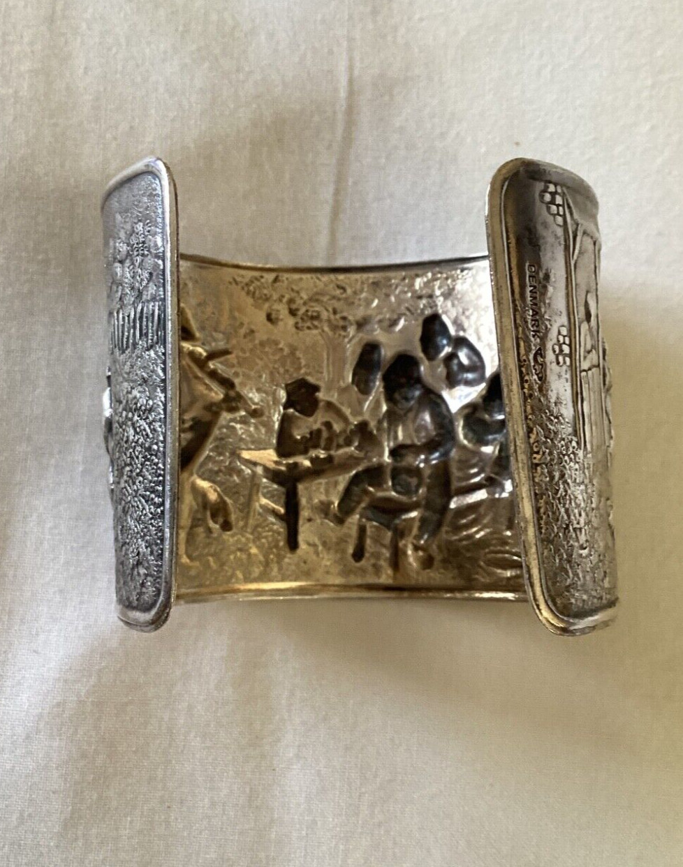 DANISH Vintage Silver 2” Cuff Bracelet-Repousse-Tavern Scene-marked Denmark