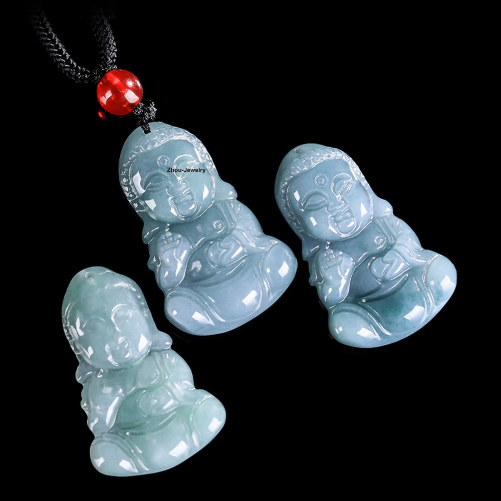 Natural Blue Water Jadeite Buddha Small Pendant – Grade A Jade Lucky Amulet