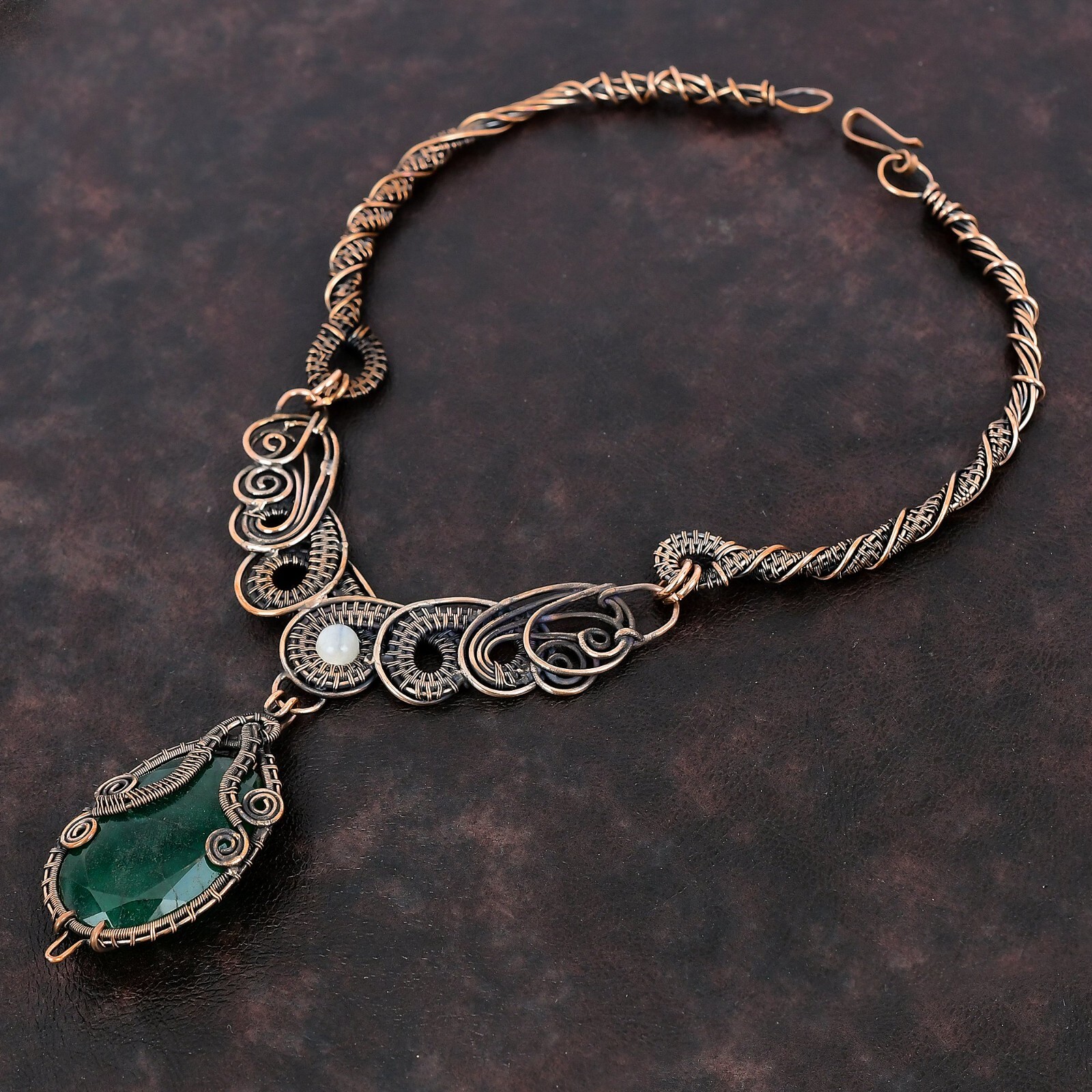 Faceted Zambian Emrald Necklace Copper Jewelry Wire Wrapped Chain Necklace 18.0″