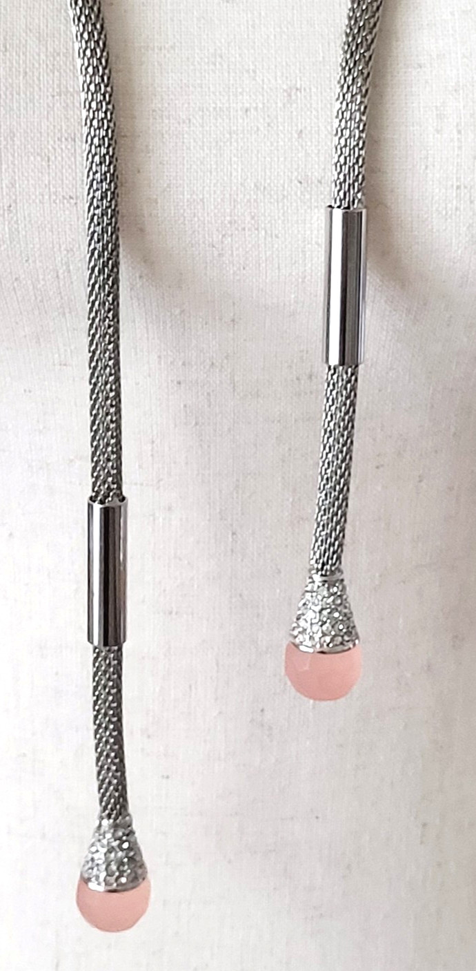 Jewelmint Silver Tone Mesh Chain Necklace Lariat Rhinestone Peach Lucite Caps
