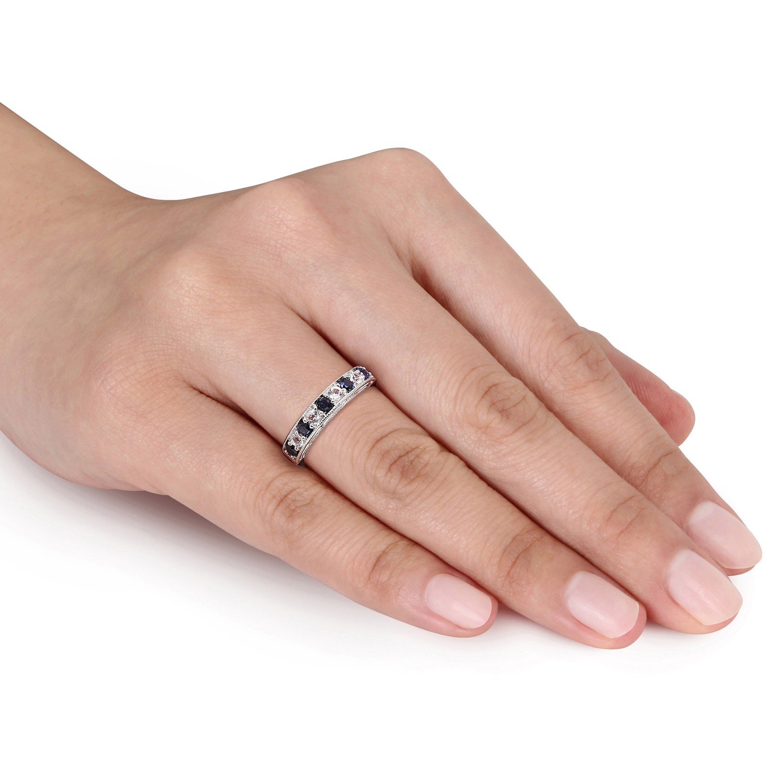 Amour Sterling Silver Created Blue and White Sapphire Semi-Eternity Ring