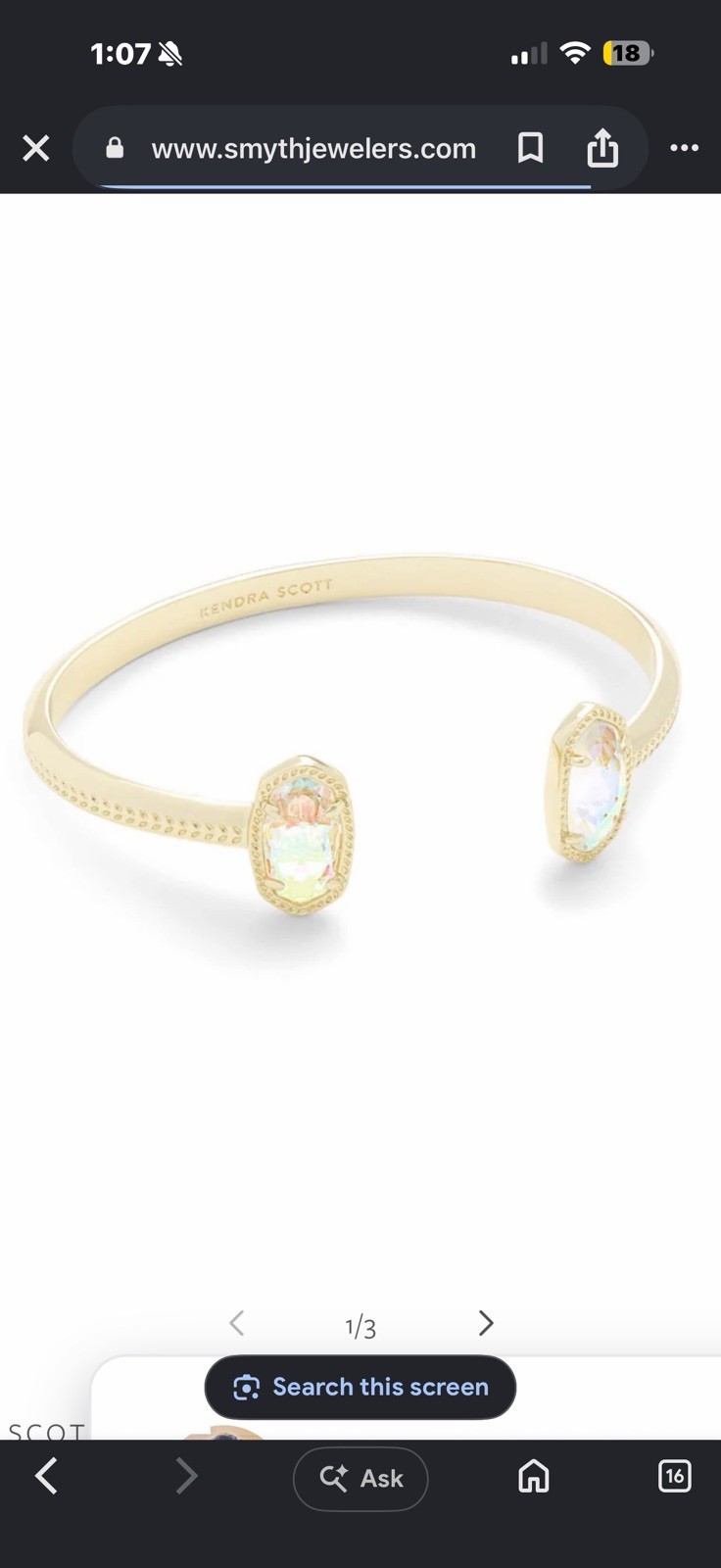 Kendra Scott Gold Tone Adjustable Cuff Bracelet w/ 2 Oval Crystal End Stones