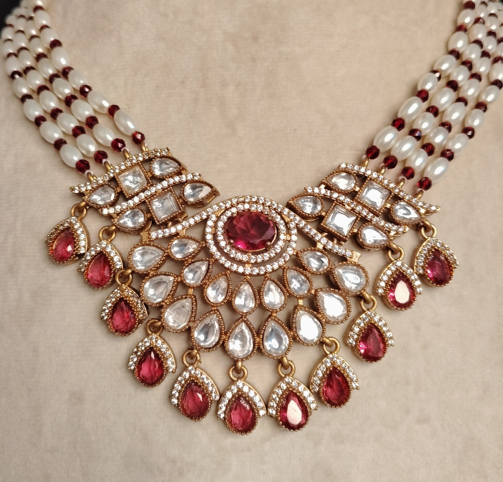 Arishfa Bridal Ruby Red Kundan Pearl Necklace Set with Earrings Roz Jewellers.