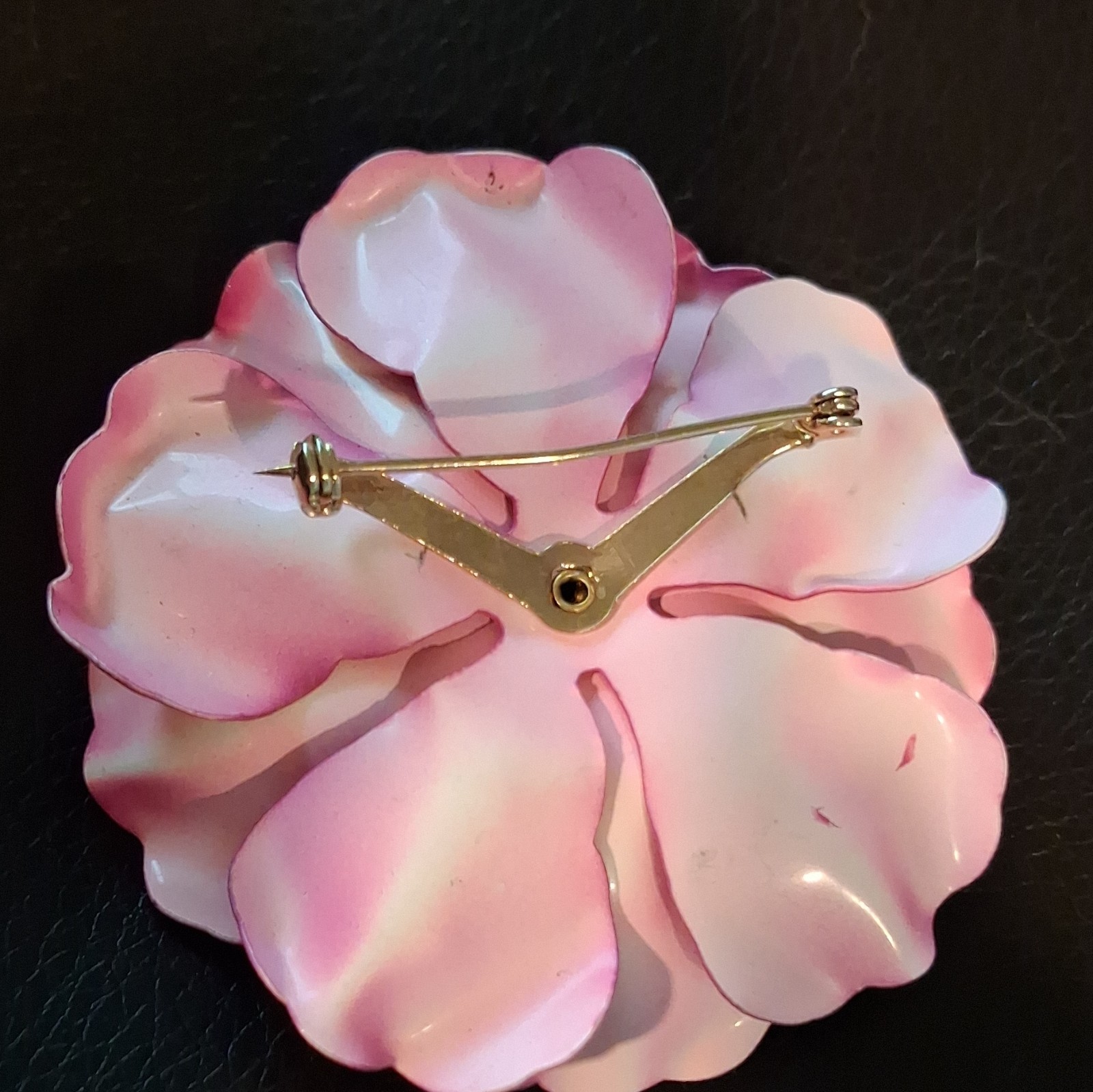 Pink Flower Enamel Brooch Pin with Round Pink Crystal Center Cluster Setting