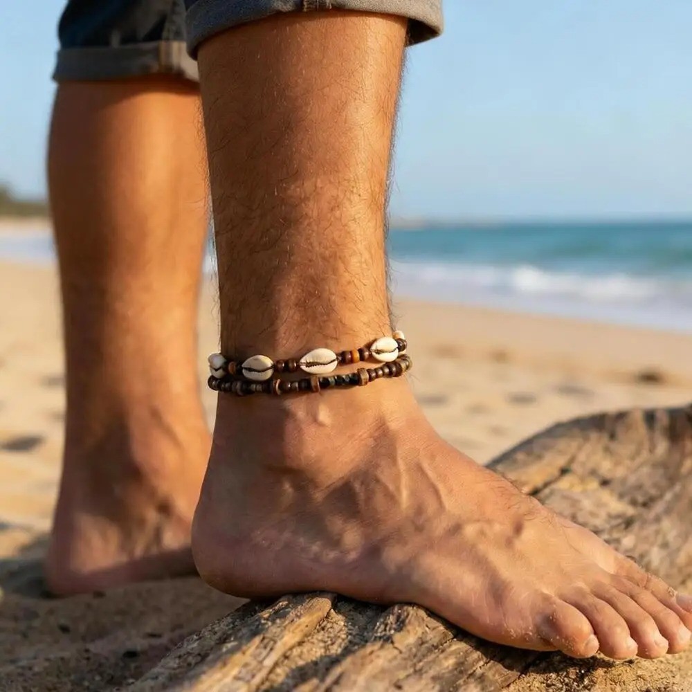 Men’s Cowrie Shell Beaded Anklet Adjustable Beach Jewelry