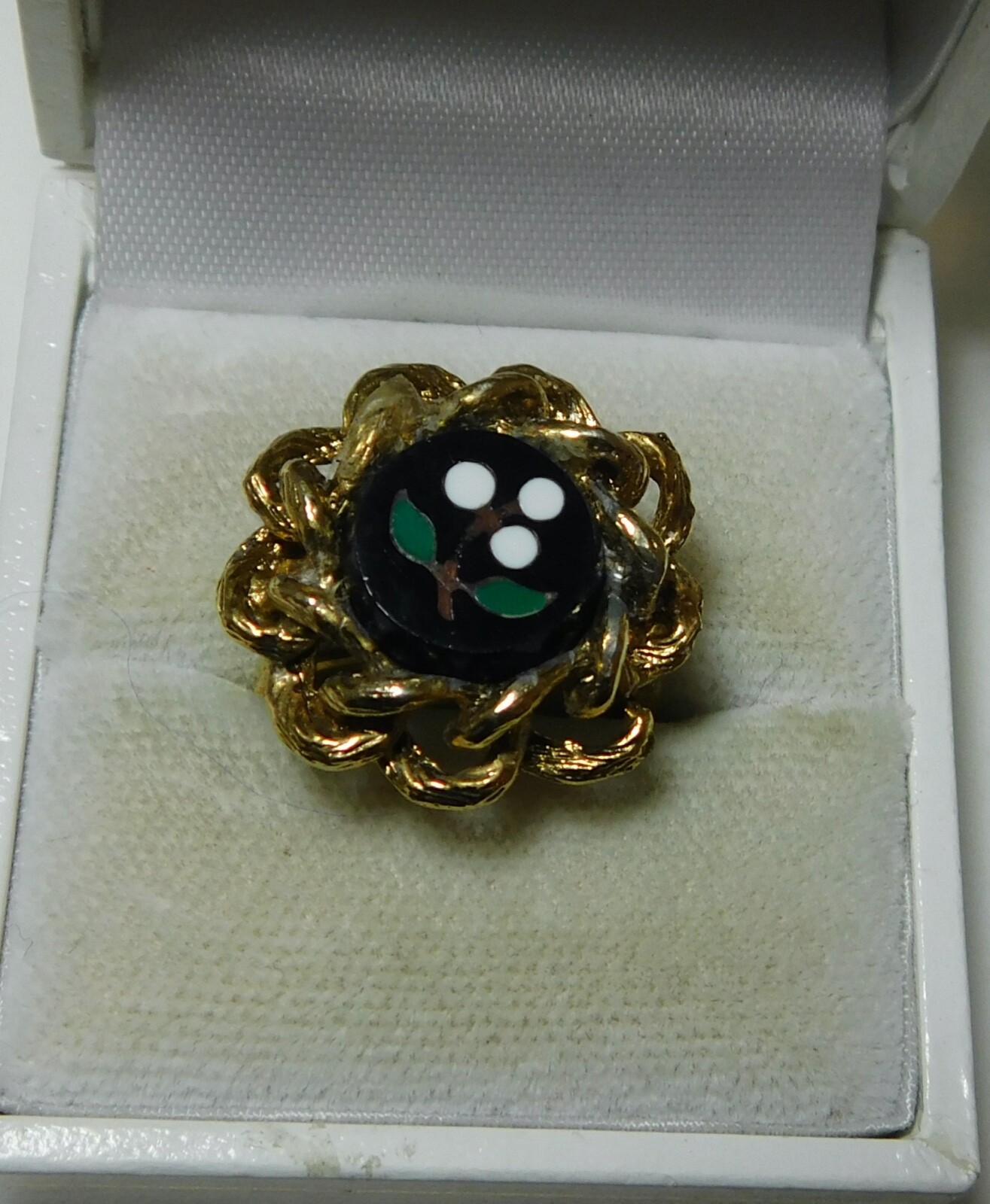 Vintage Real Pietra Dura Mosaic Black Onyx gold tone Adjustable Ring 4f 7