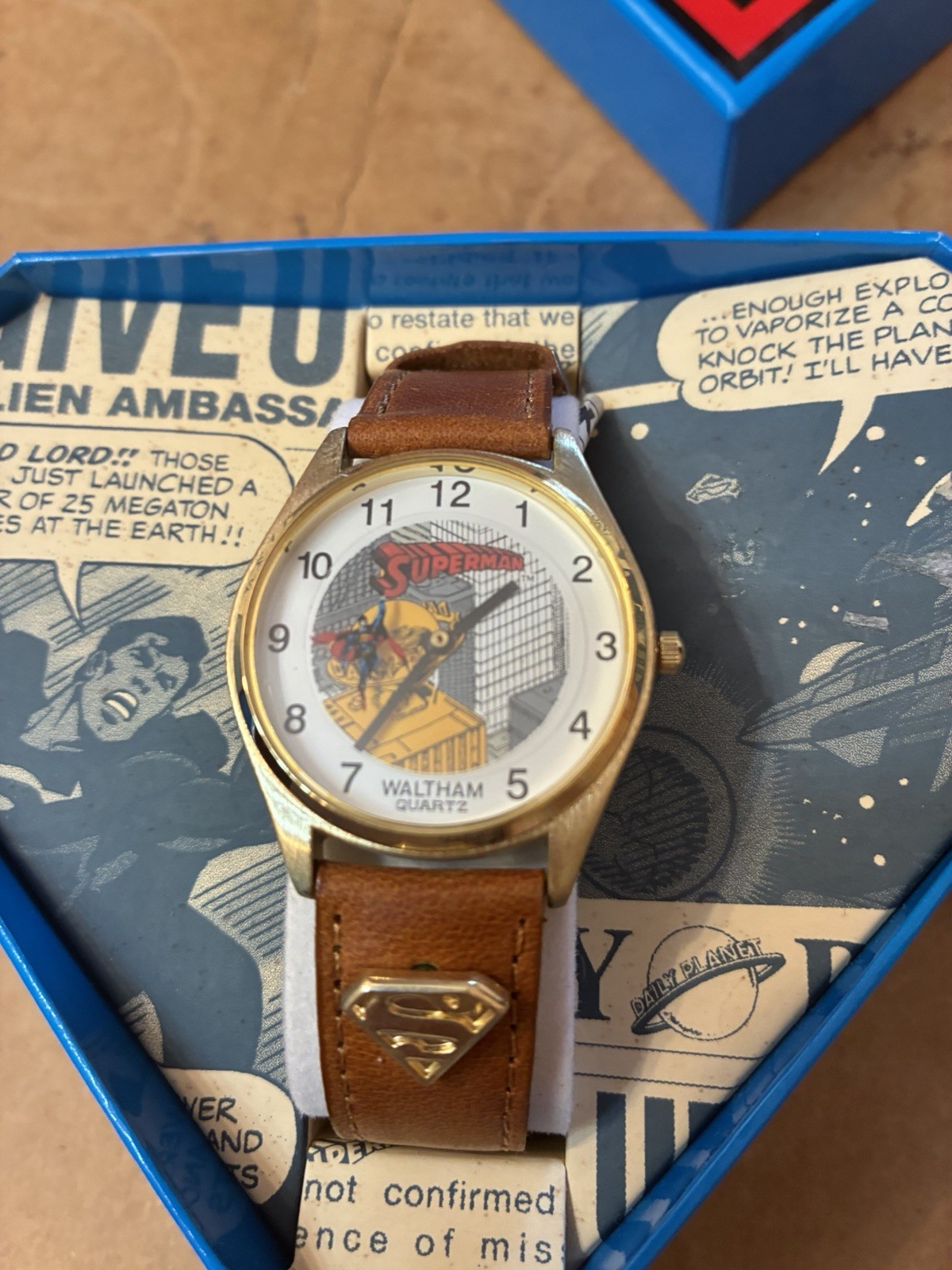 Waltham Superman Quartz Analog Watch Gold Tone Case BROWN Leather Strap Box NIB