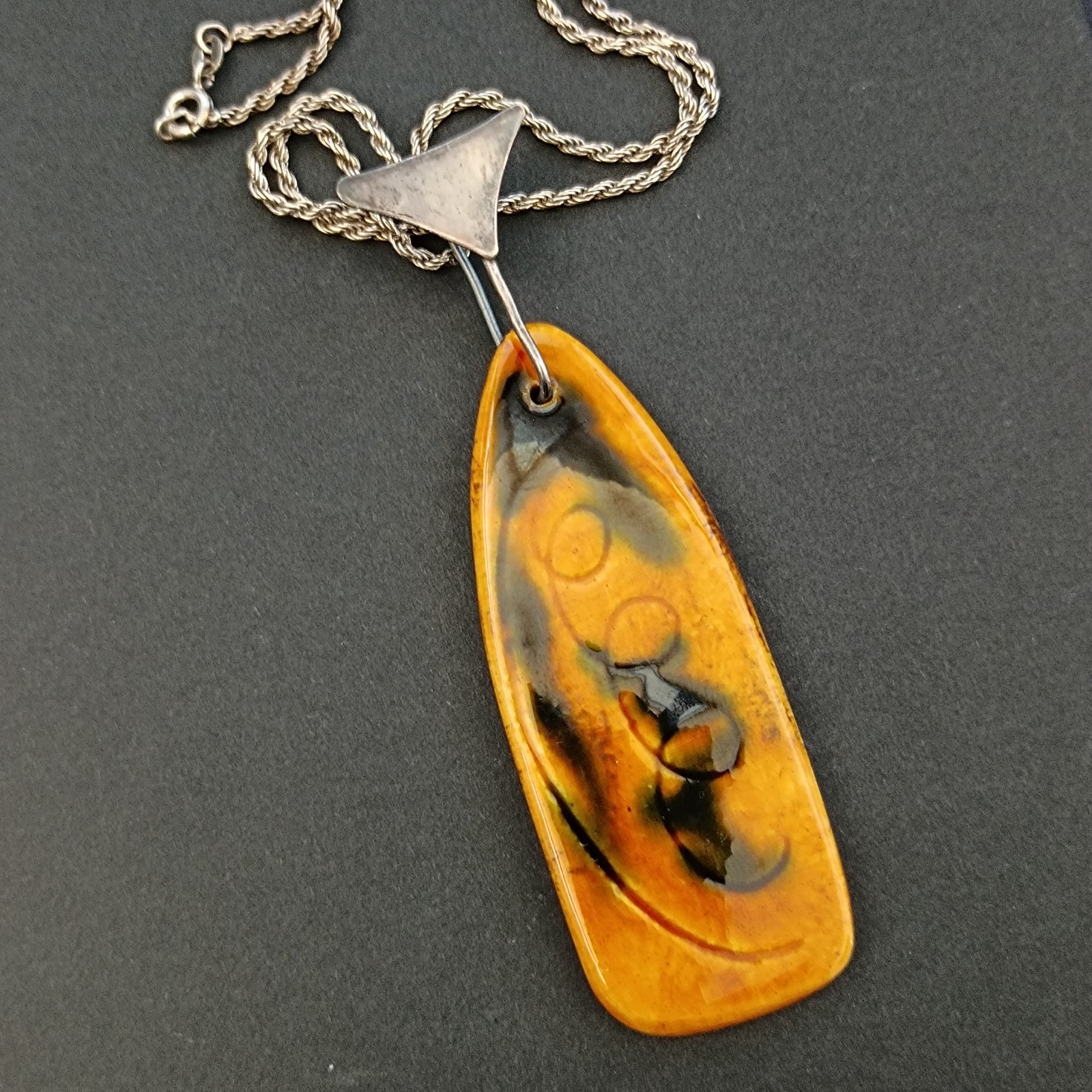 VTG Silver Modernist Israeli Enamel Necklace Abstract 60s 7Os Mustard Yellow 925