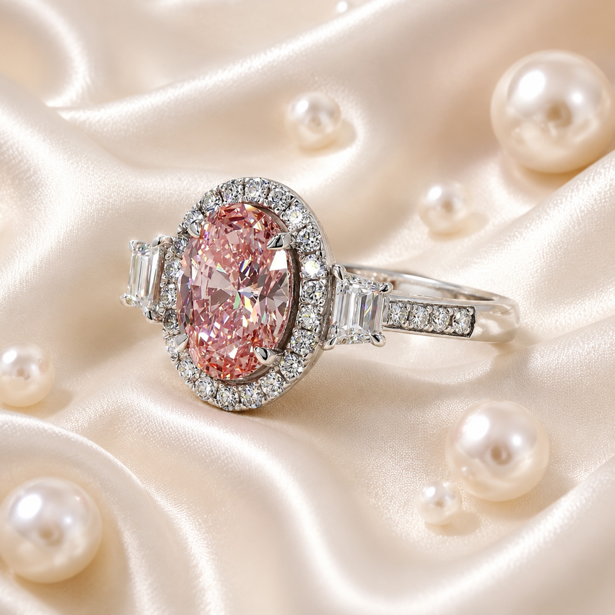Fancy Vivid Pink Diamond Ring IGI Lab Created 5.00 Carat Oval Cut 18k White Gold