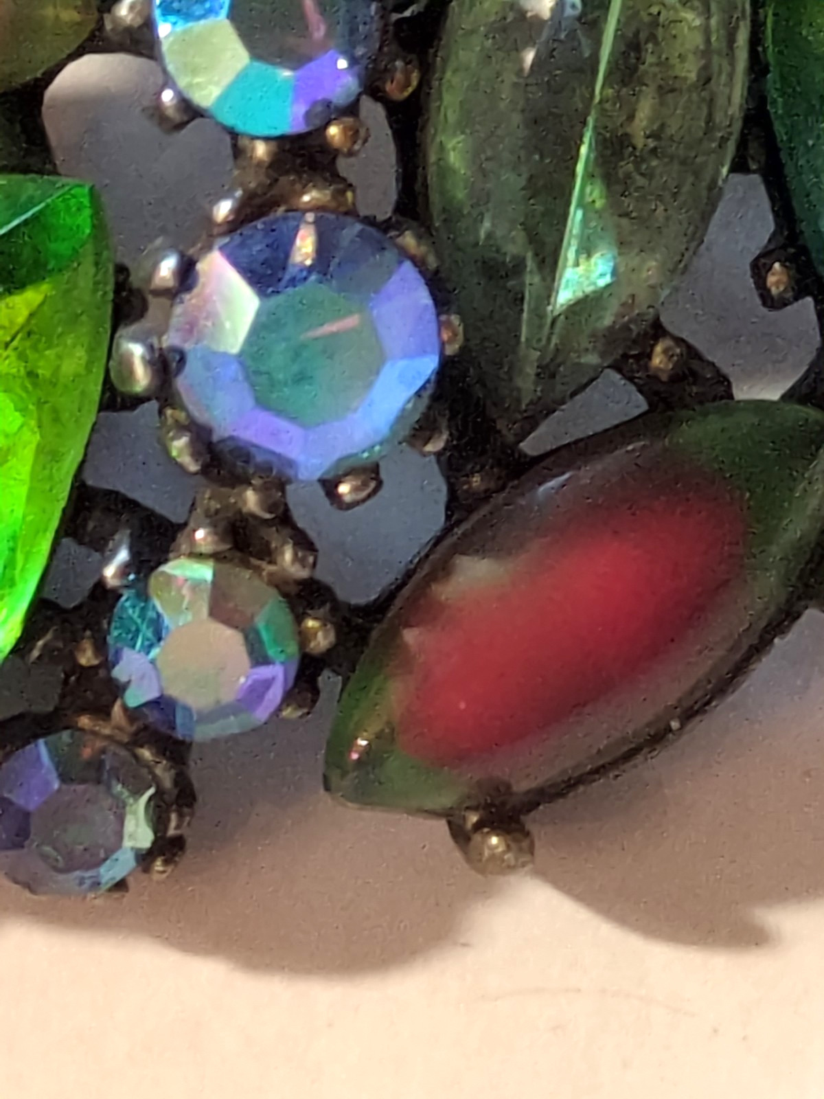 ART Arthur Pepper Watermelon Bicolor AB Glass Rhinestone Brooch Blues Greens Red