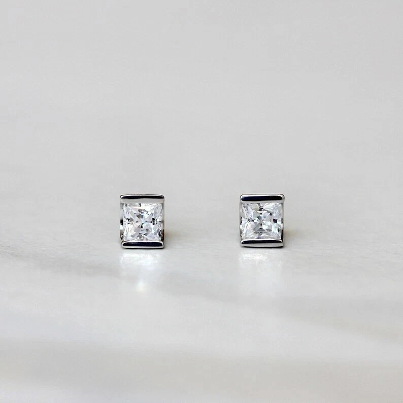 1TCW Princess Cut Lab Created Diamond Women’s Stud Earring 14k White Gold Plated