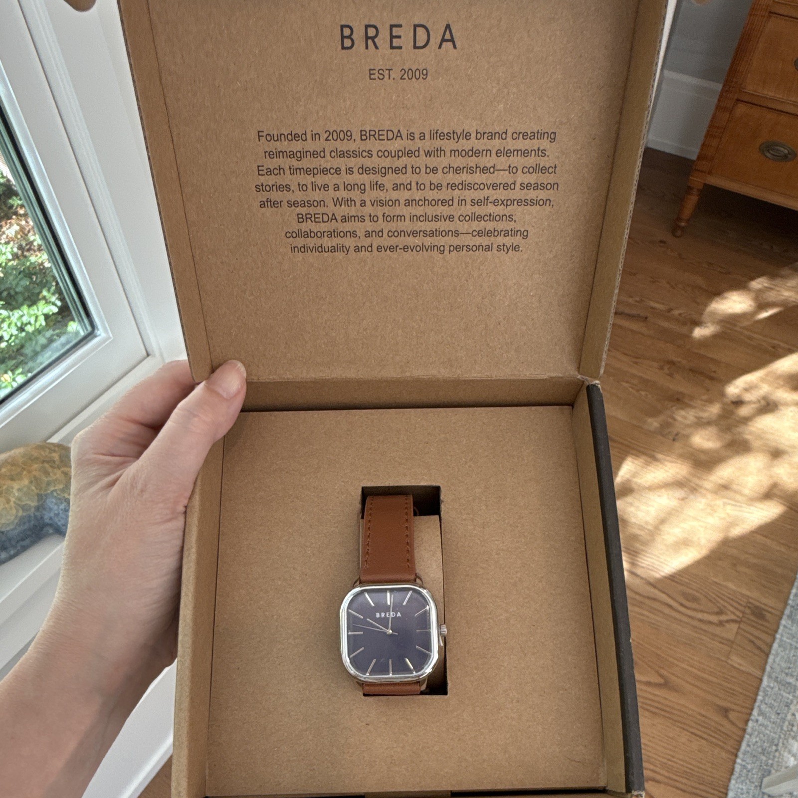 BREDA Visser Unisex Watch 32mm Silver Case Brown Leather Strap NIB