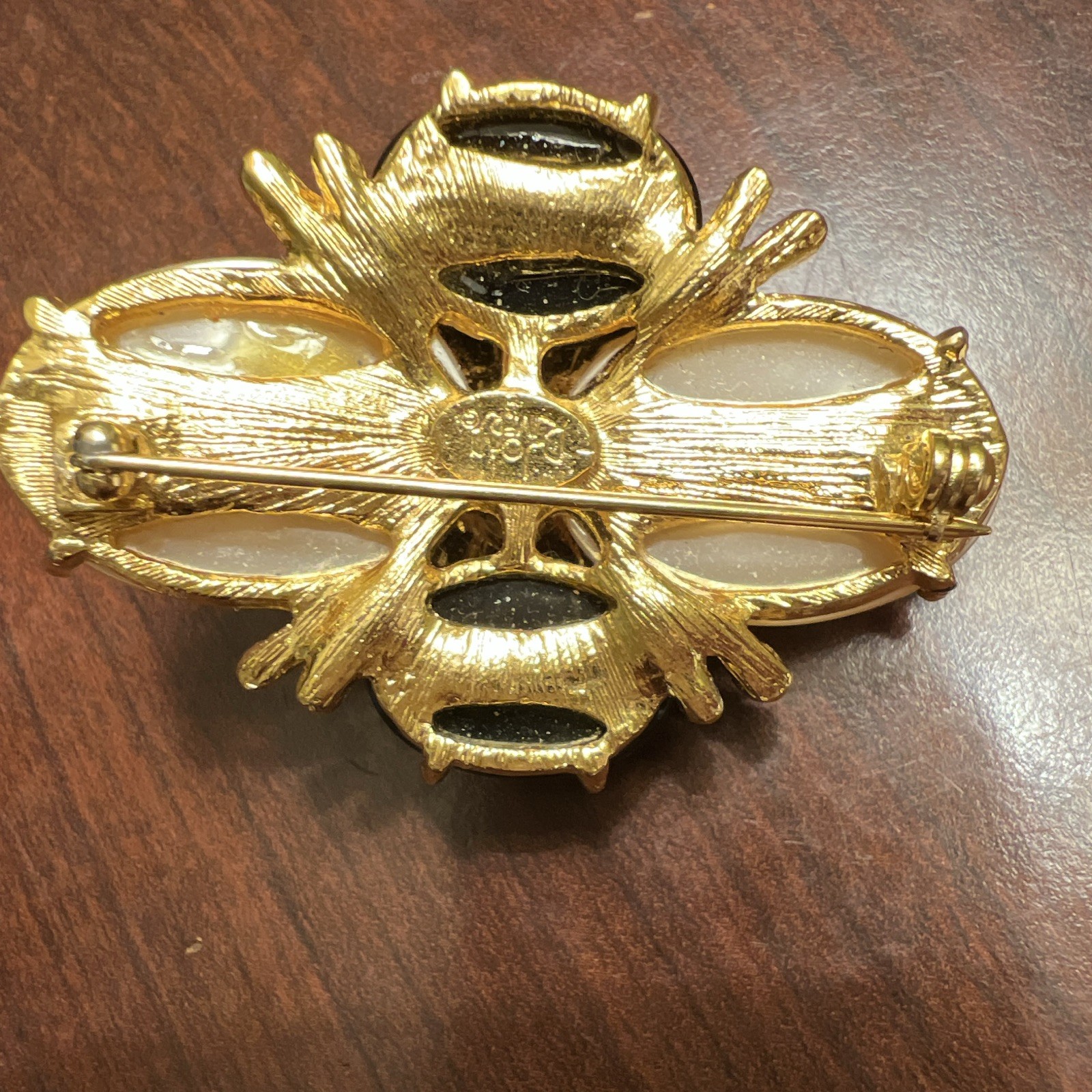Vintage Signed Joan Rivers Faux Pearl & Black Enamel & Crystal Gold Tone Brooch