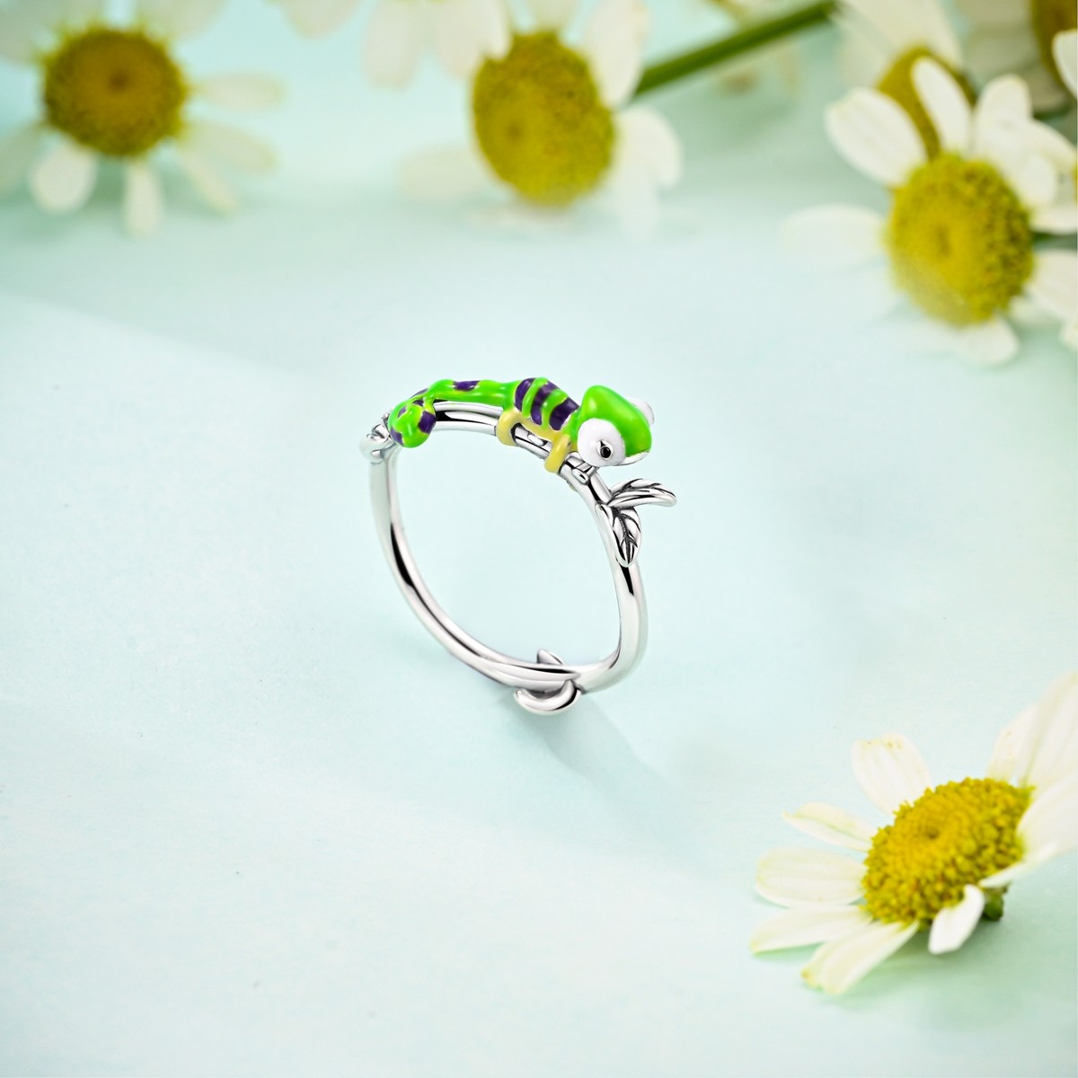 LAZA Original 925 Sterling Silver Finger Ring Enamel Chameleon for Women Jewelry