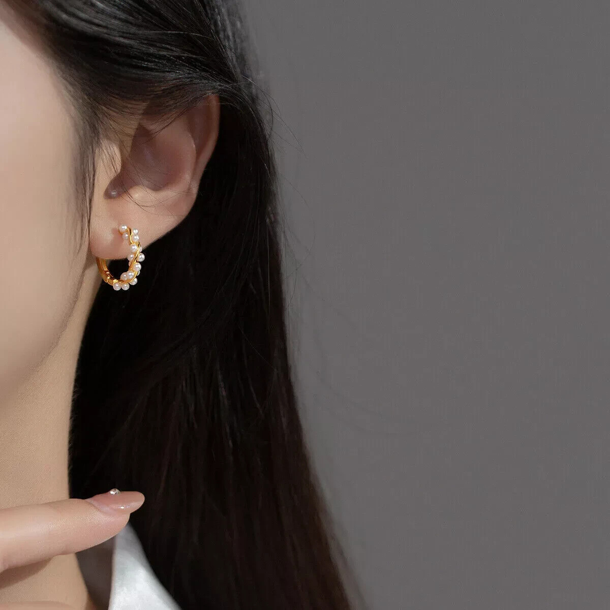 Women Girl 18K Gold Plated Twisted Pearl Huggie Hoop Earrings 16mm Gift A9