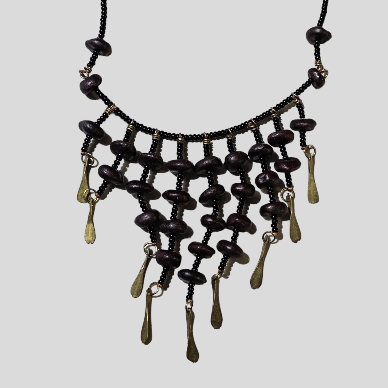 Coffee Bean Seed Bead Bib Necklace 16 Inches Handmade