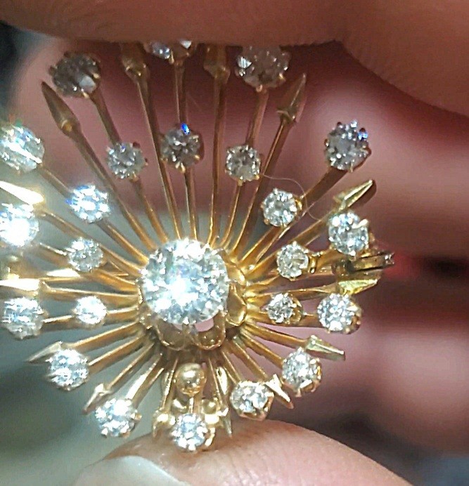 Natural Diamond Sunburst Brooch Pin Pendant 18k Yellow Gold