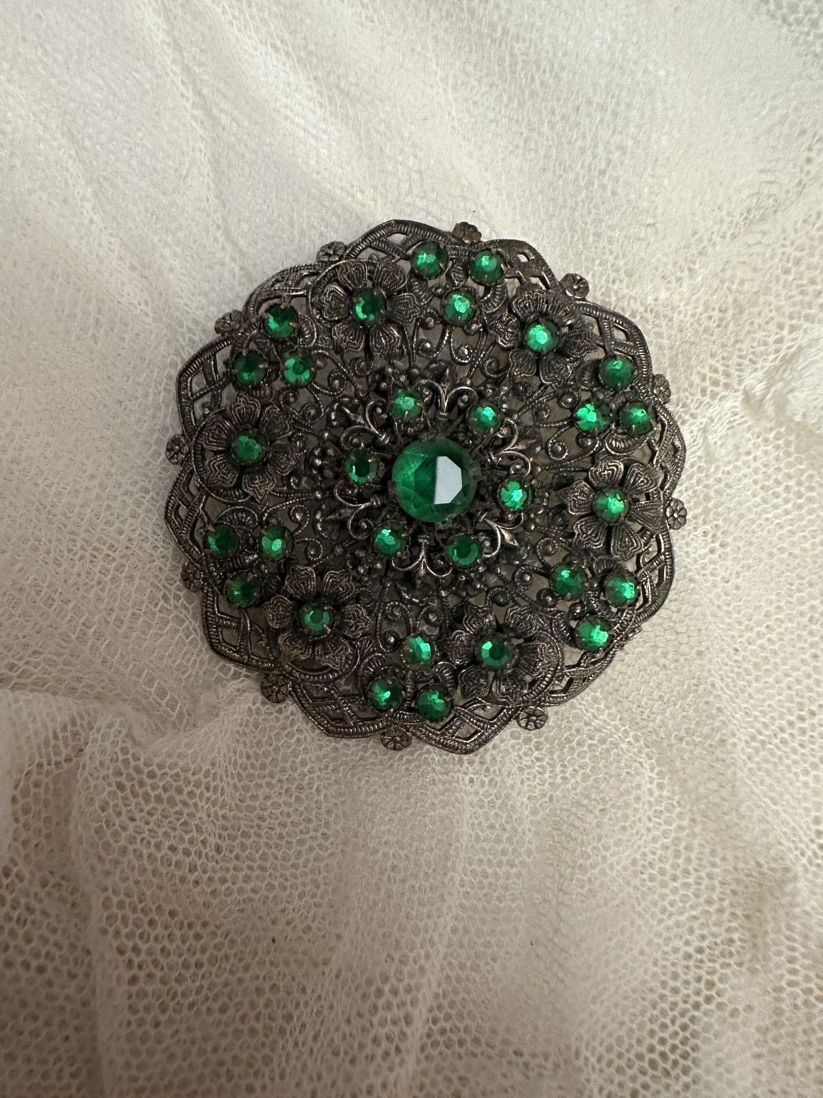 Antique 1910s Edwardian Czech Green Glass Brooch Pin Bohemian Czechoslovakia