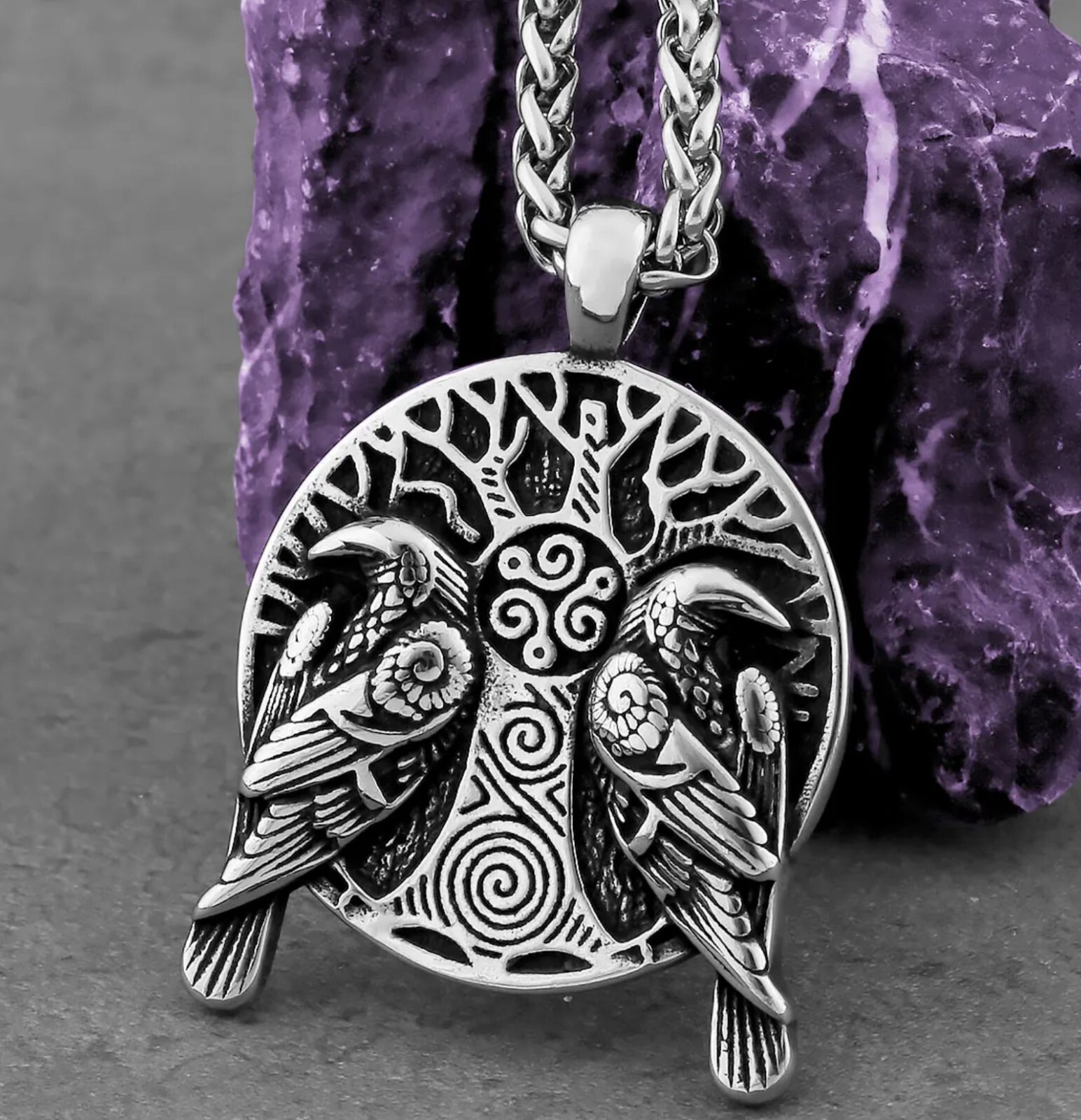 Stainless Steel Celtic Tree of Life Raven Necklace with 60 cm (23.62 in) chain