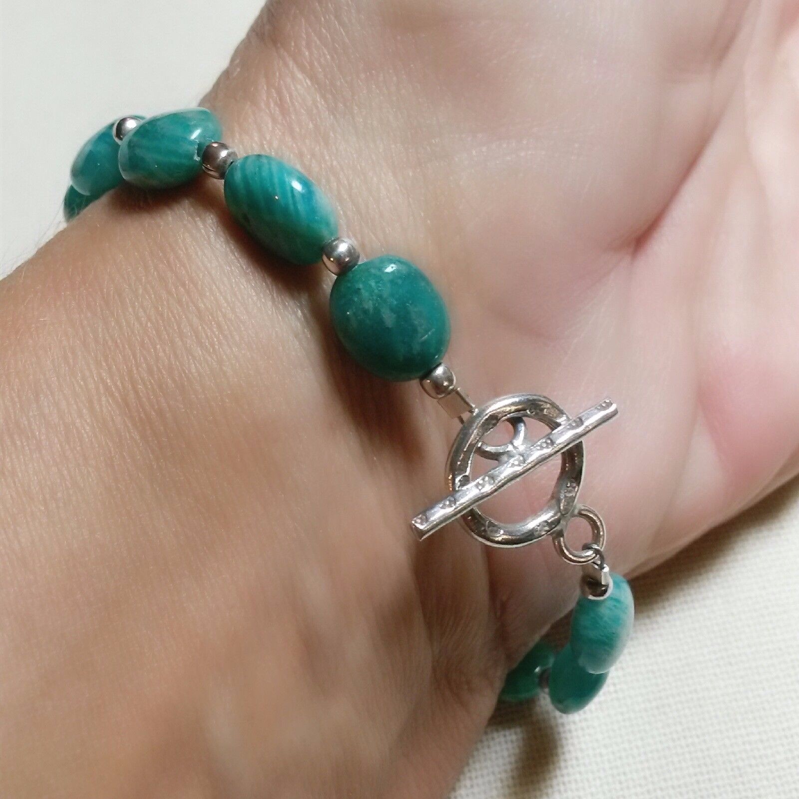 AMAZONITE HANDMADE TURTLE HILL TRIBE FINE SILVER (95-99% PURE) TOGGLE BRACELET
