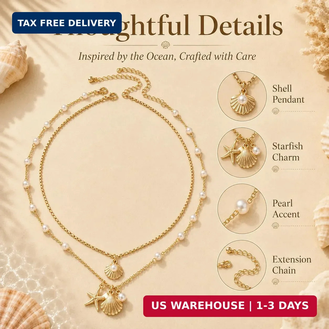 Shell Starfish Necklace for Women Gold Tone Layered Beach Jewelry Pearl Seashell