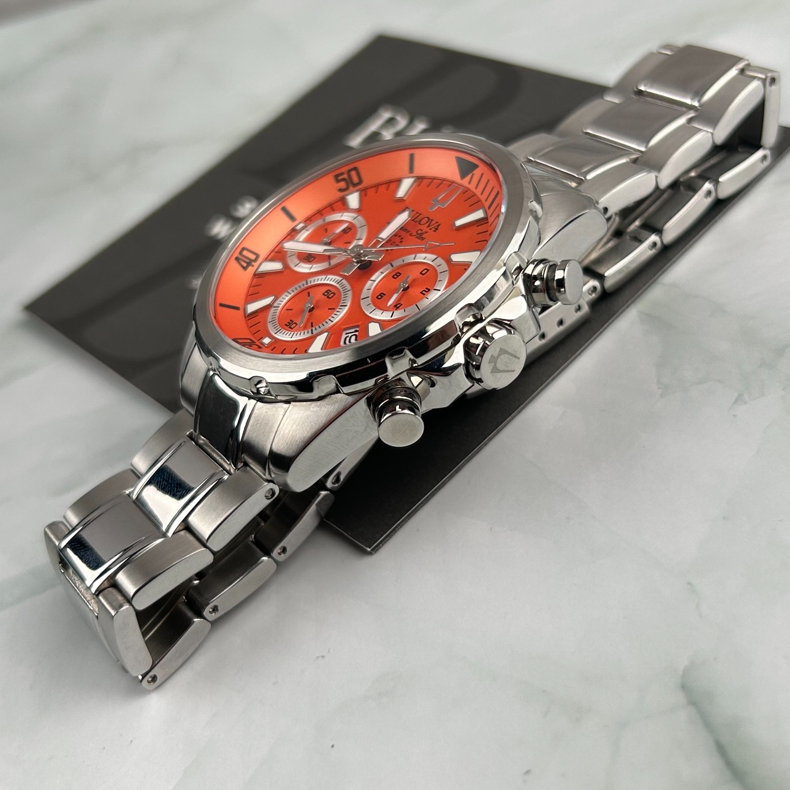 Bulova Marine Star 96B395 Orange Dial Men’s Chronograph Quartz Watch New 43MM