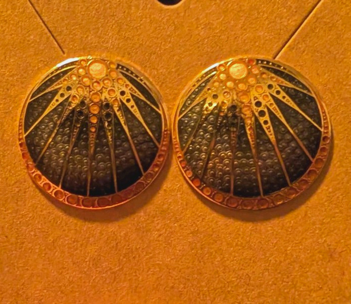 Gold Tone Black Round Sunburst Stud Earrings Metal Butterfly Closure