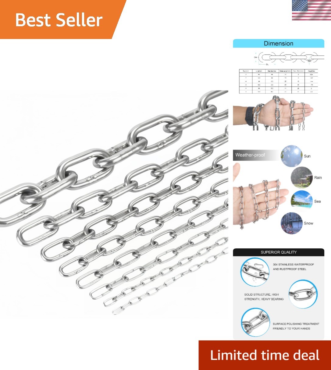 Weather-Resistant 304 Stainless Steel Chain – Optimal Strength 2mm/5ft Length