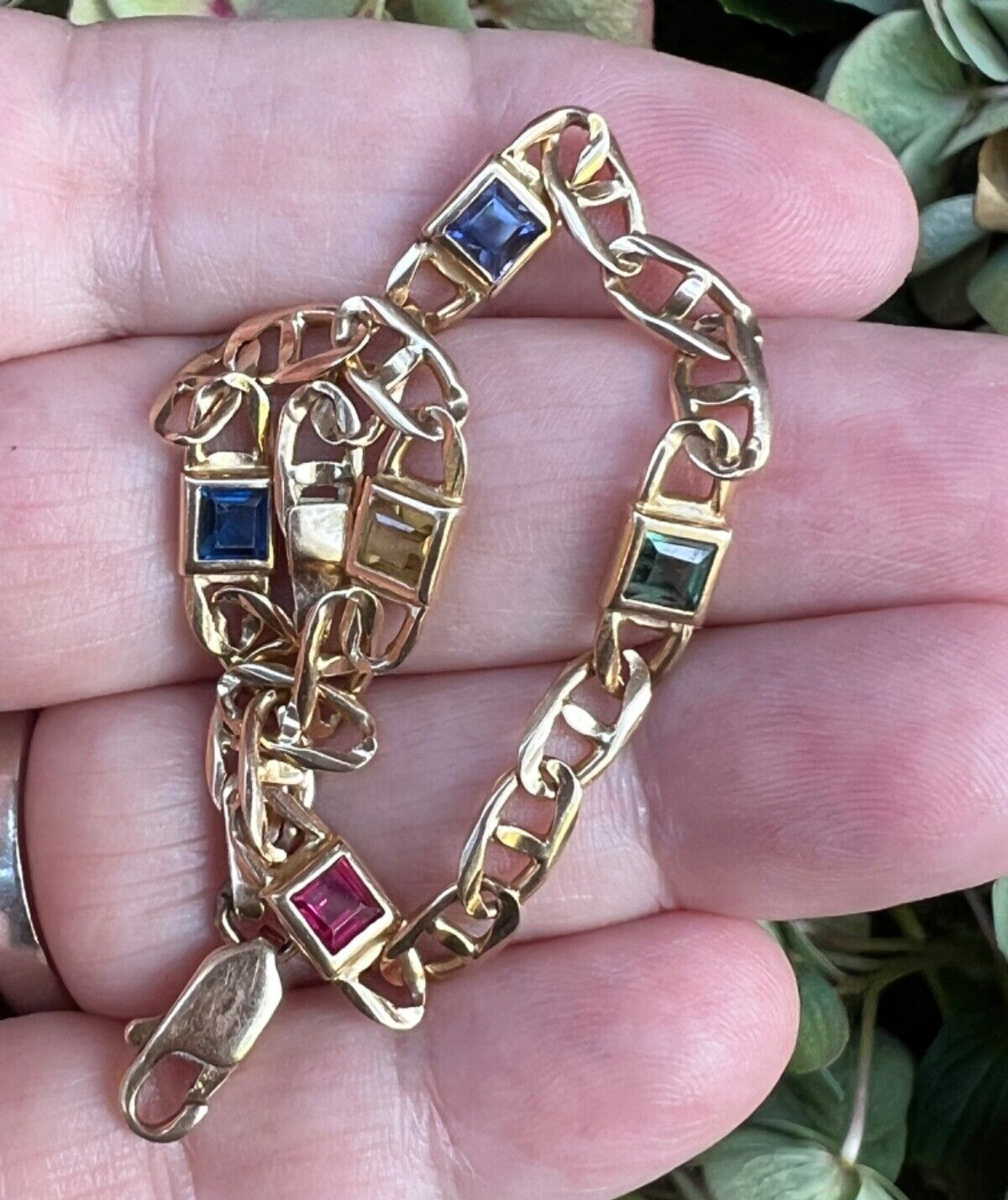 14K YELLOW GOLD MULTI GEMSTONES FIGARO BRACELET MADE IN ITALY CANDY COLORS