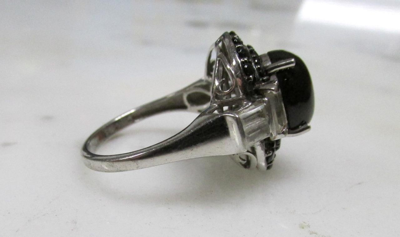 Black Cat’s Eye Sterling Silver Ring w/ Black Stone Accents Sz 9 ~ 6.4g ~ 6-A330