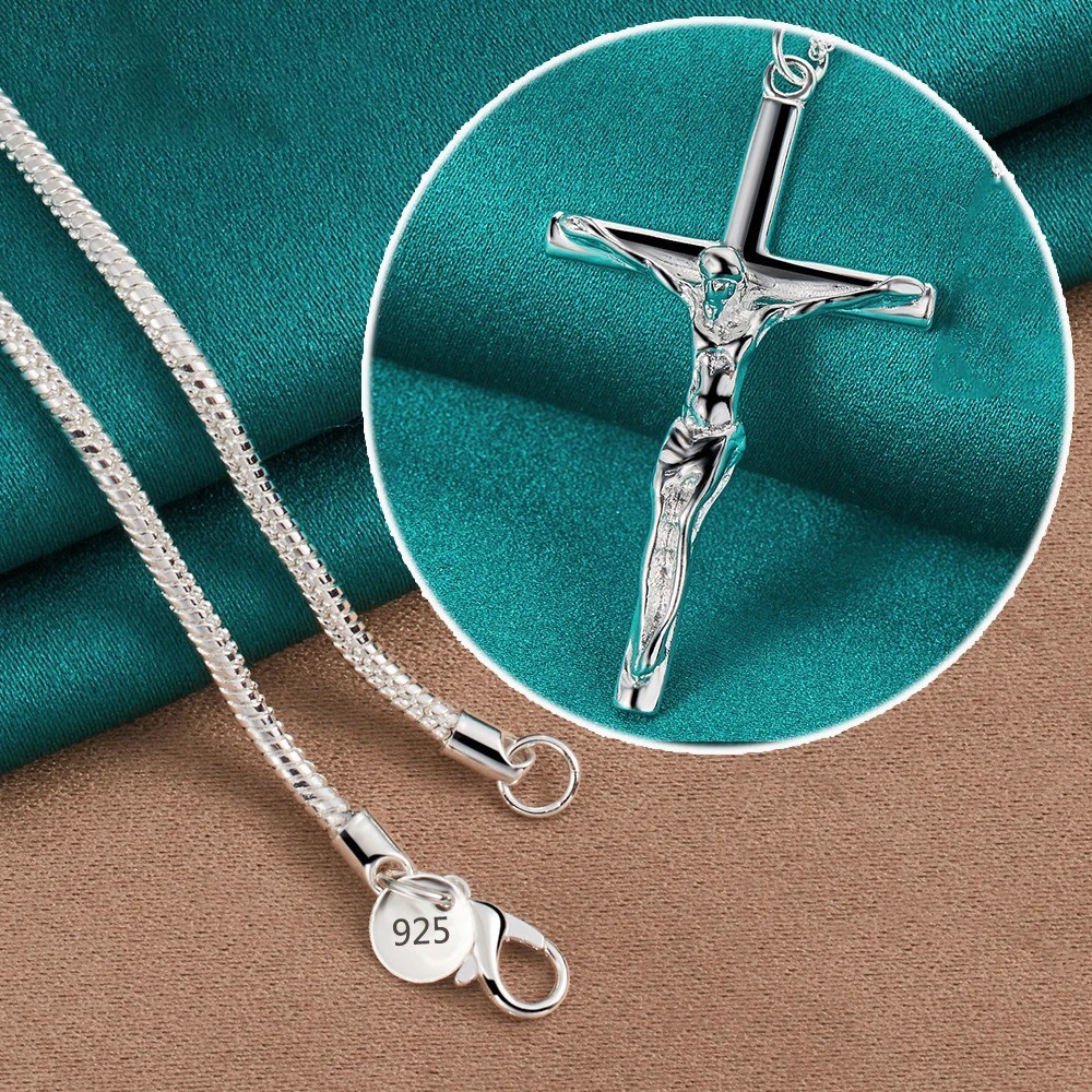 925 Sterling Silver Jesus Cross Pendant Necklace Men Women 16-30 Inch Chain