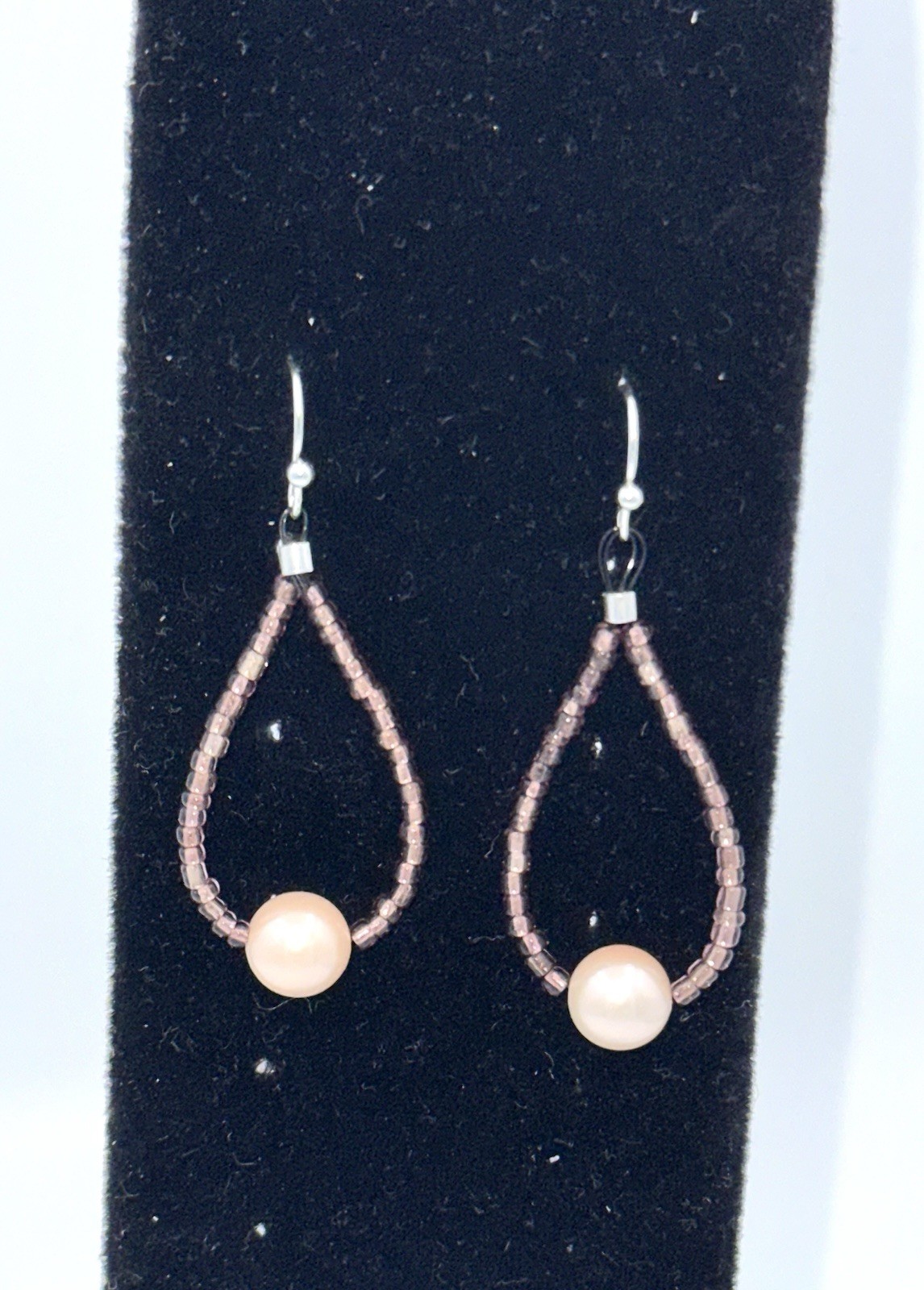 White Gold Plated, Lt Pink Shell Pearl & Glass Hoop Earrings