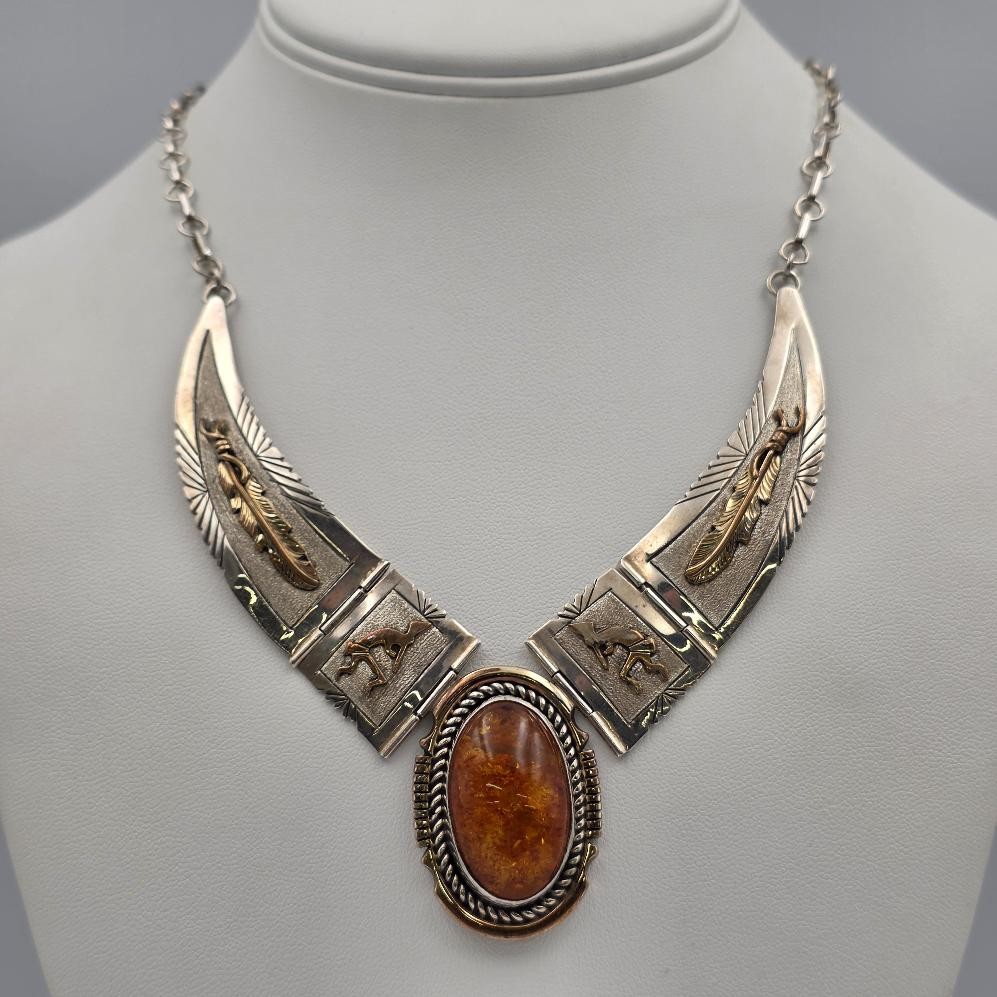 Lee Bennett Navajo 925 Sterling Silver & 12K Gold Filled Amber Collar Necklace