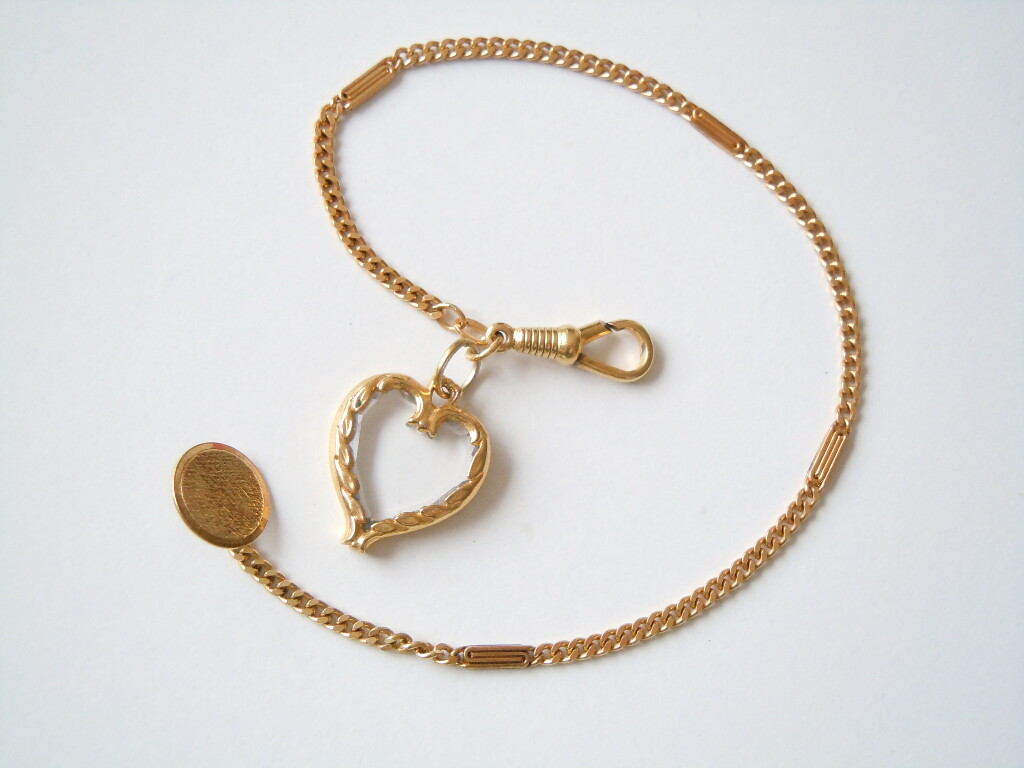 Button Watch Chain Pendant Heart GlassAmerik FBM Friedrich Binder 11 G/25.5 Cm
