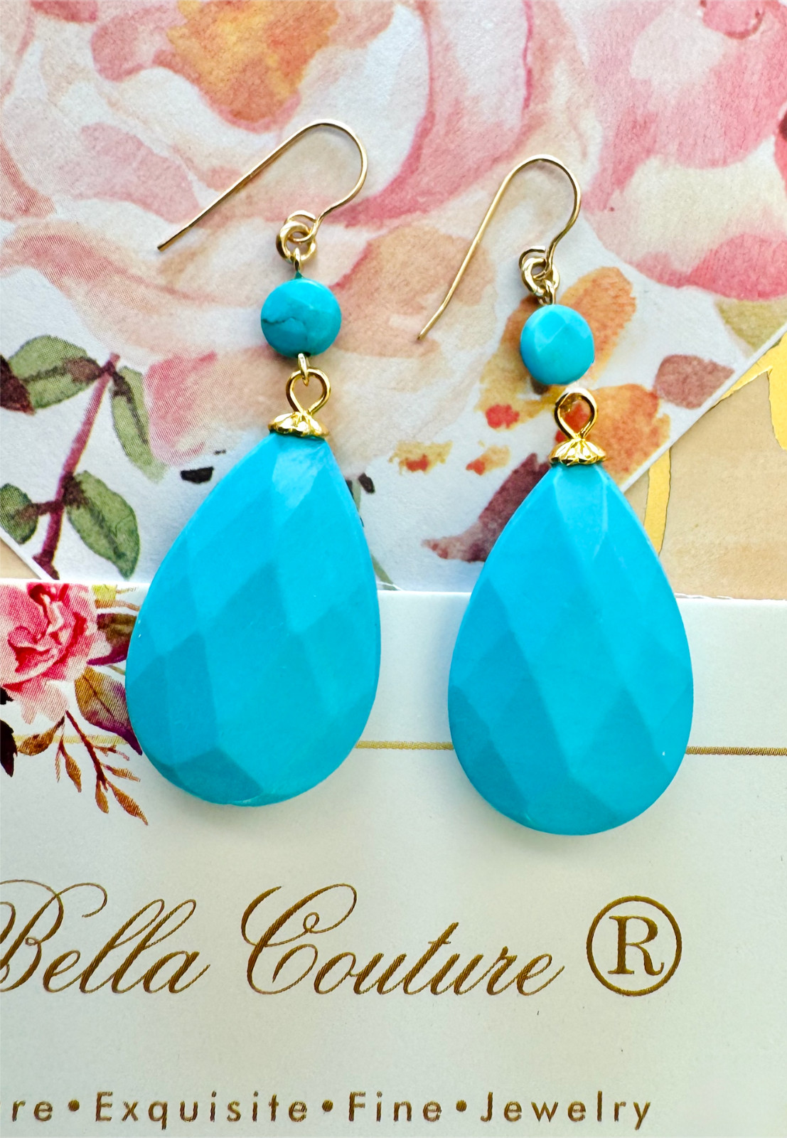 $695 NEW 14K YELLOW GOLD TURQUOISE DIAMOND ROSE CUT VTG DANGLE TEARDROP EARRINGS