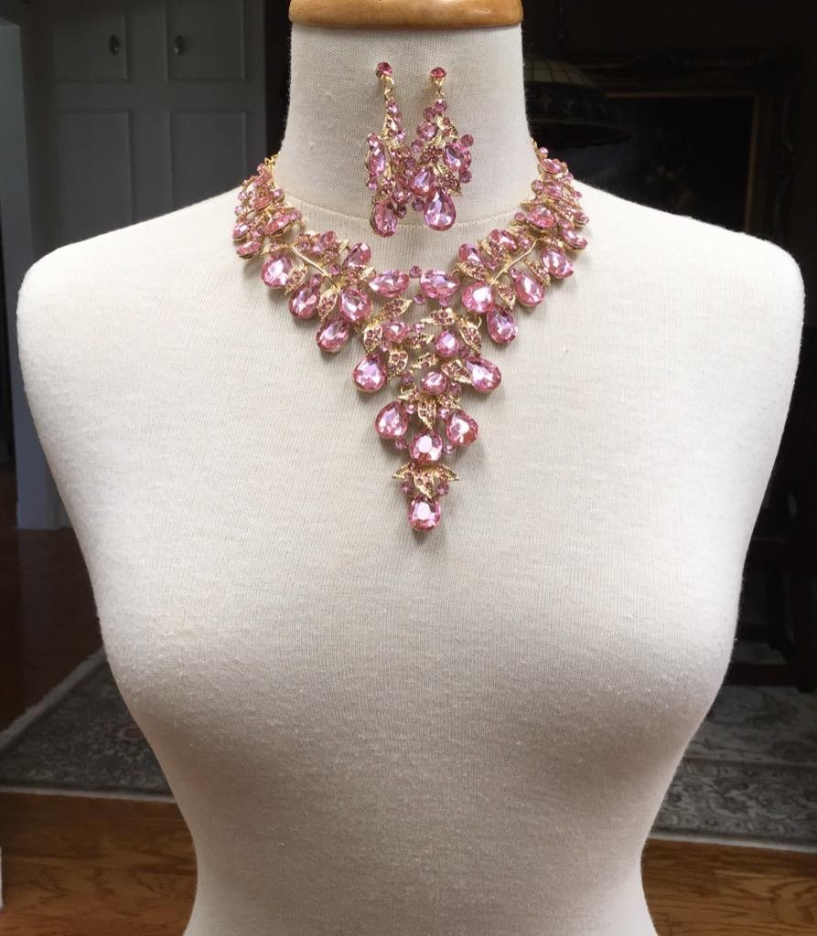 Waterfall Necklace Set Pink crystal Rhinestone Bib cluster Statement Earrings vt
