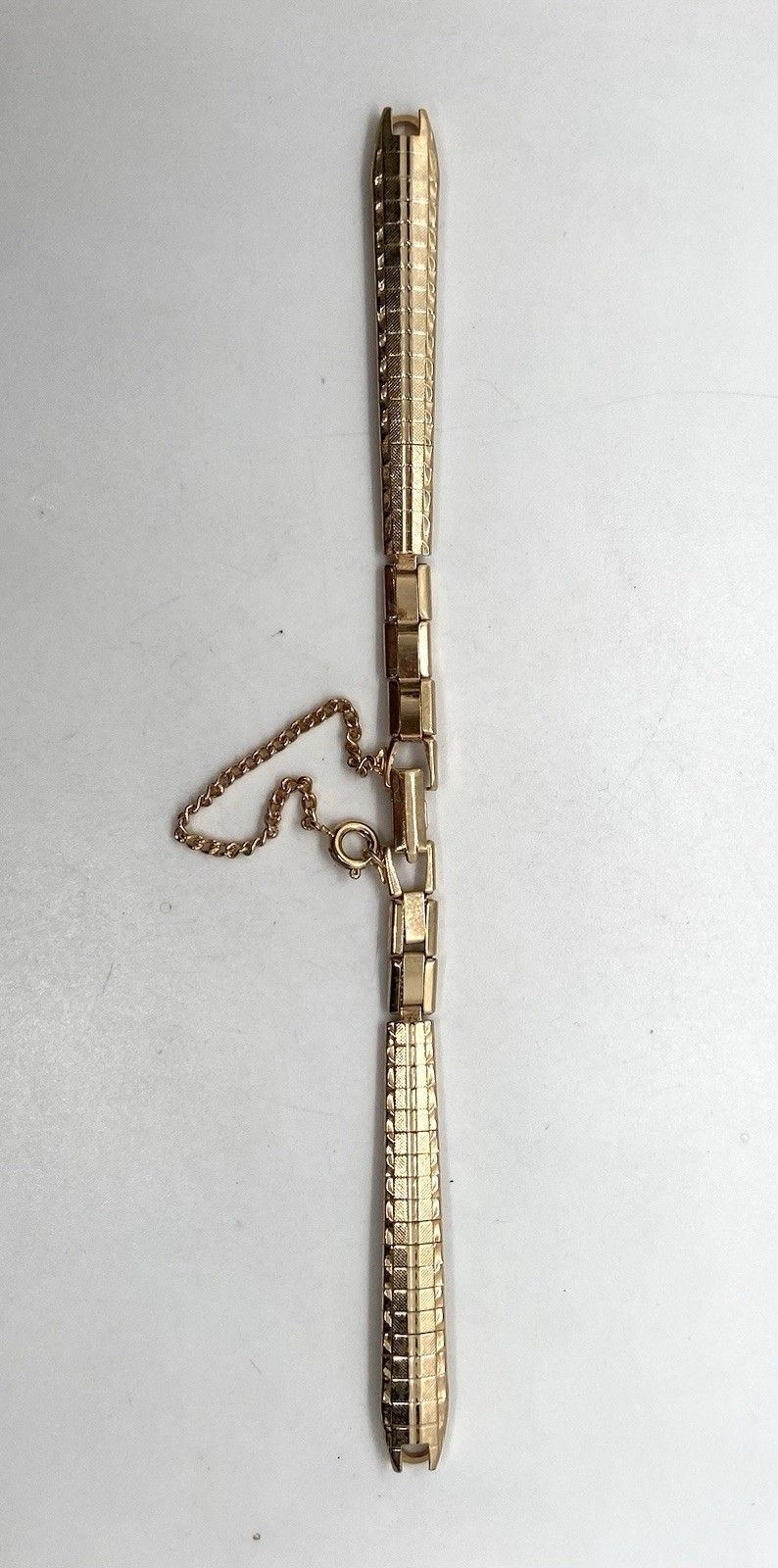 VTG New KREISLER Flex-On Ladies Watch Band Gold Stretch Ring Ends Safety Chain