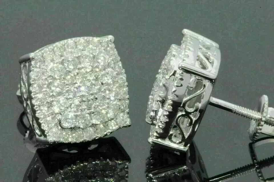 Men’s 2Ct Round Cut Real Moissanite Cluster Stud Earrings 14K White Gold Plated