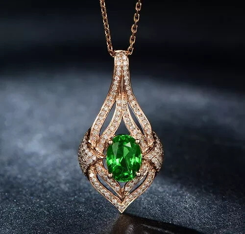 14K Rose Gold Finish Simulated Oval Cut Emerald /Diamond Charm Pendant 18″ Chain