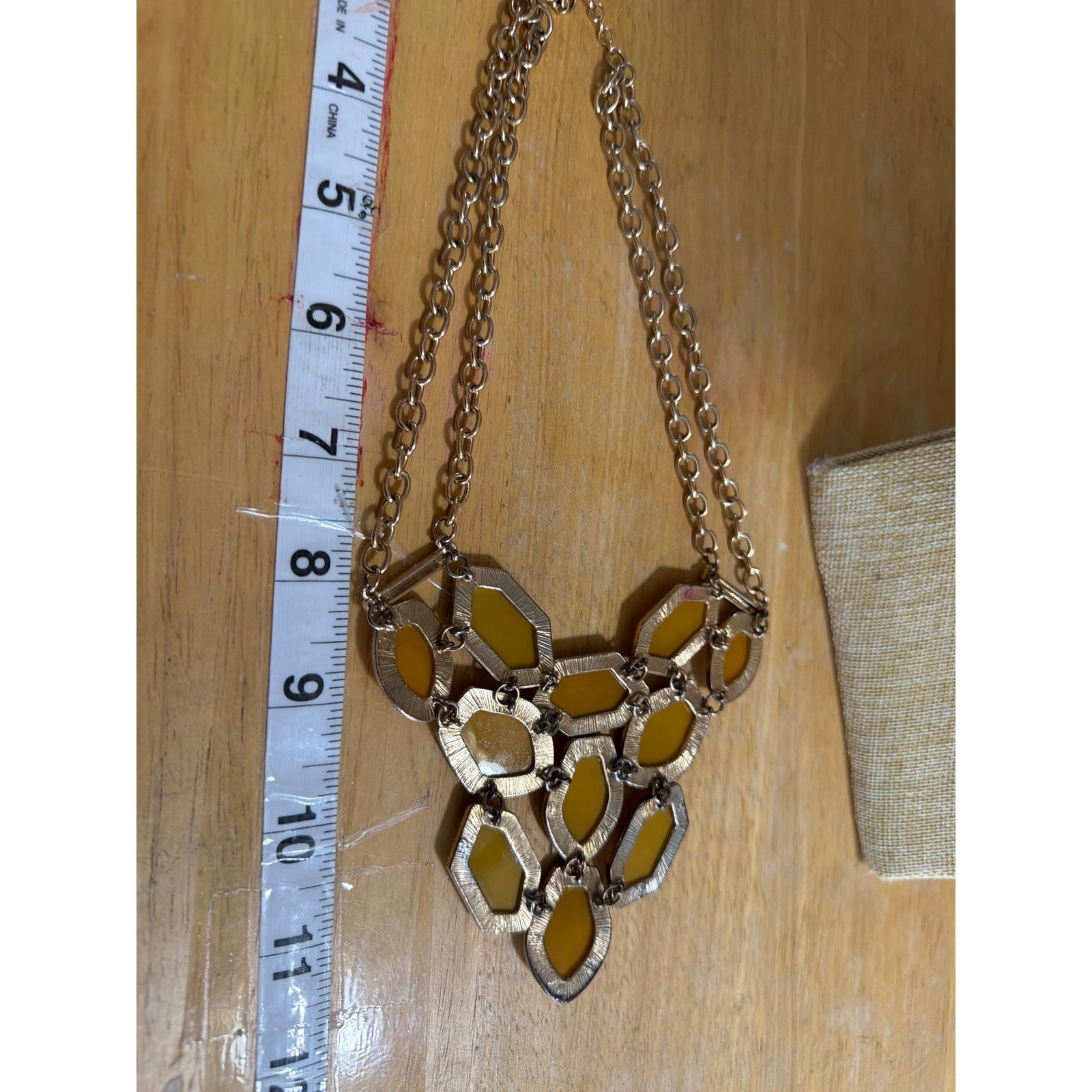 Mustard Yellow Geometric Bib Statement Necklace Gold Tone Chunky Resin Stones