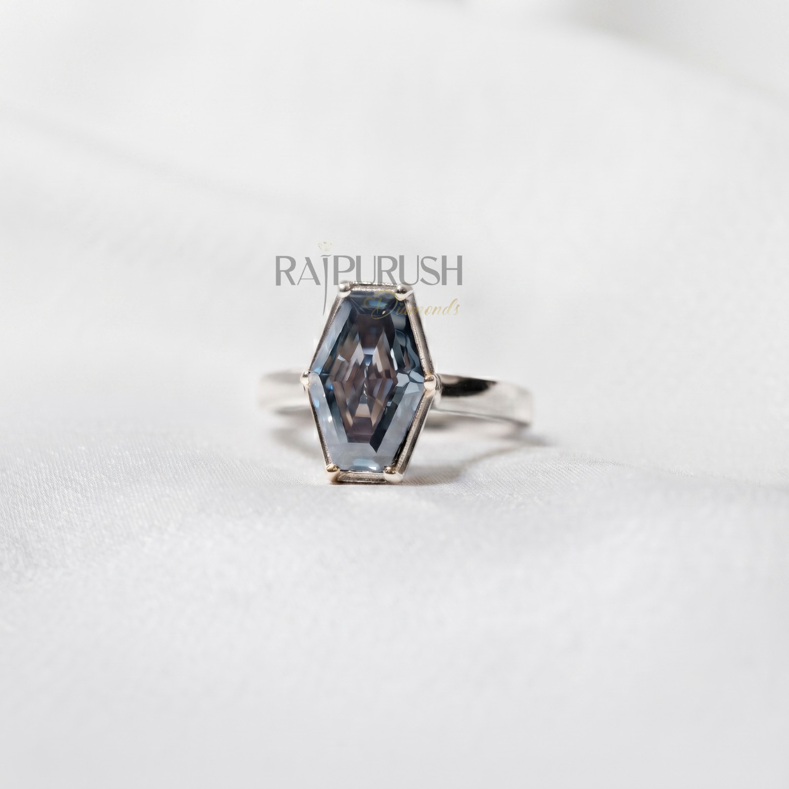 Hexagon Dark Grey Moissanite Engagement Ring 925 Silver Gold Plated Women Gift