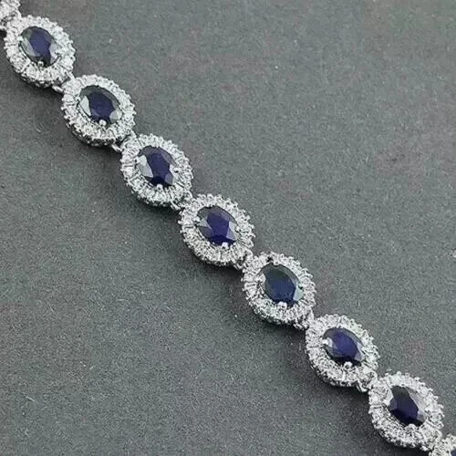 Oval Lab Created Blue Sapphire Diamond Tennis Bracelet 14K White Gold Plated