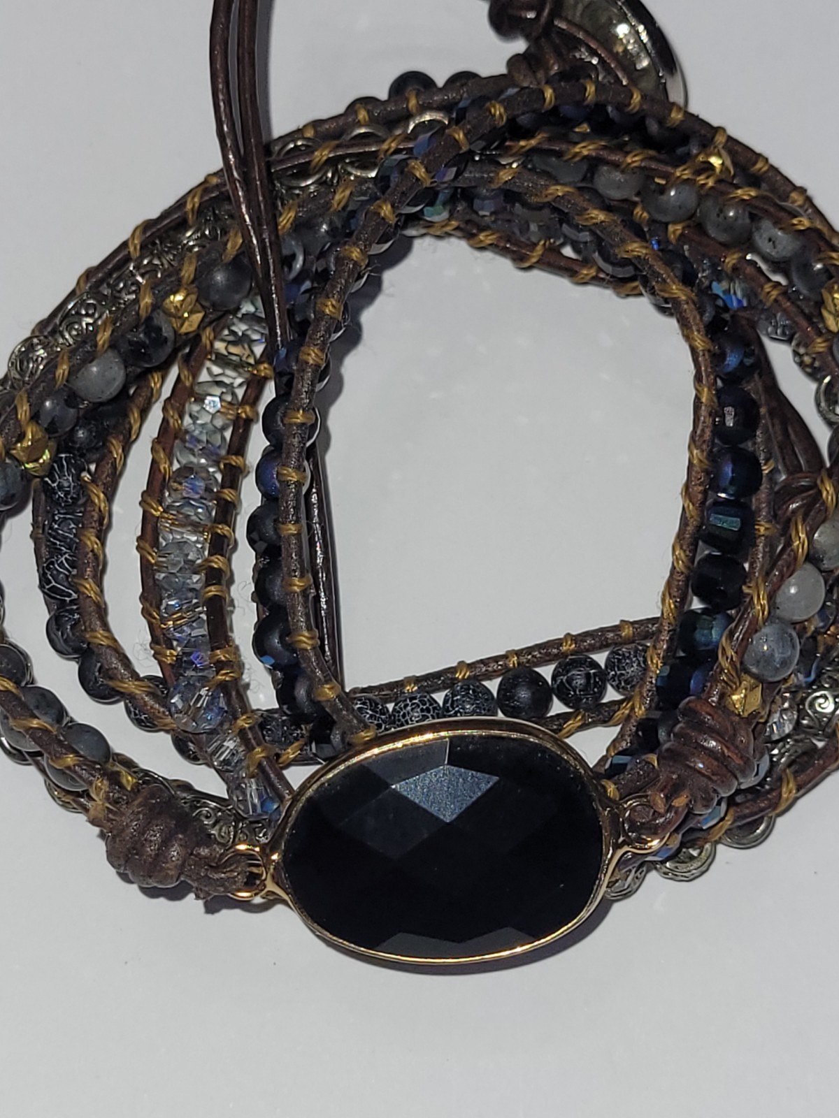 Vintage Handmade Black Macrame Beaded Cord Necklace with Oval Stone Pendant