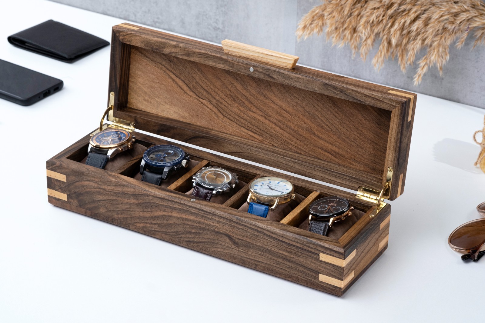 Walnut Watch Box, Handmade Watch Storage, Personalized Watch Case (5 Slot)