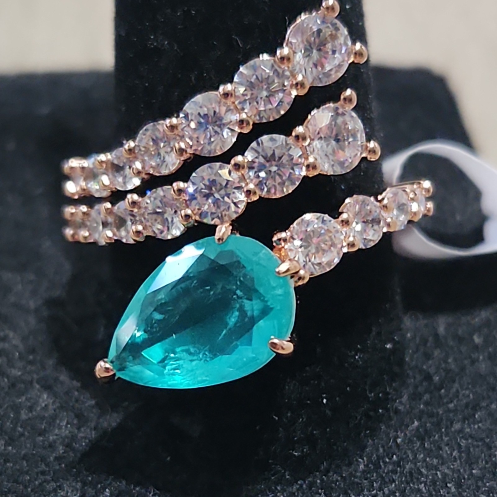 BP Sz 9 Rose Gold Plated Cocktail Wrap Band Pear Aqua Green Spinel & CZ Accents