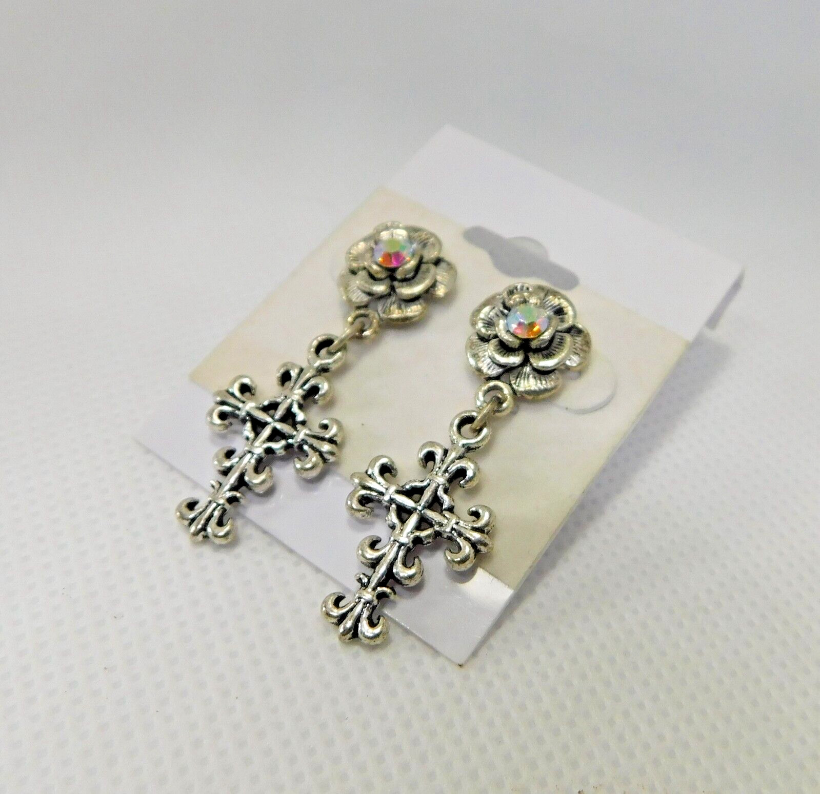 Elegant Filigree Cross, A.B. crystal earrings, Christian, Any Occasion, Gift