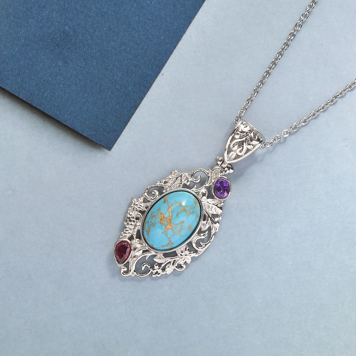 5.85ctw Mojave Turquoise Pendant & Chain 24″ Platinum Plated Copper & Stainless
