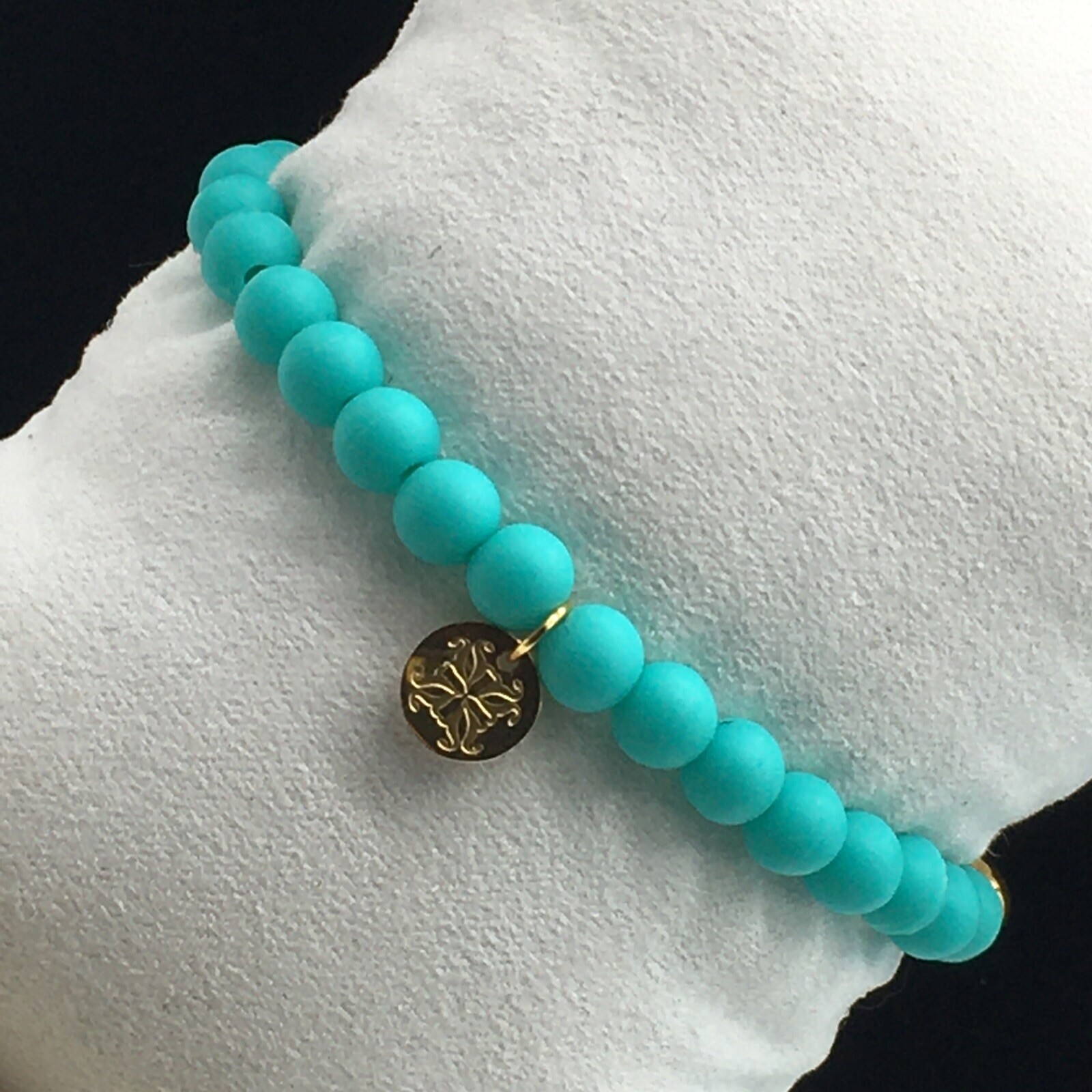 Rustic Cuff Mini Melanie Gold Tone Bracelet Teal Silicone Beaded Charm Logo