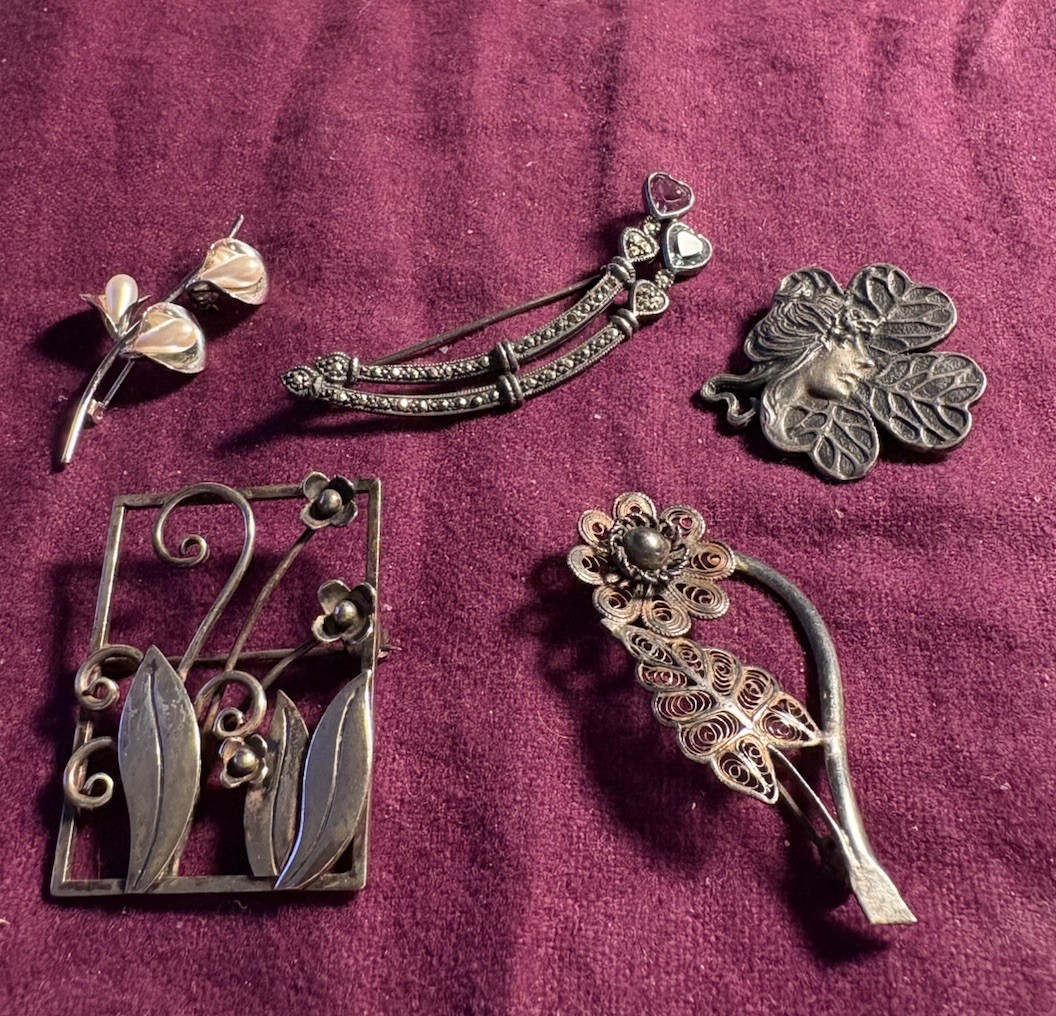 Lot Of Five: Marcasite, Faux Pearl Amethyst Topez Flower Heart Brooches